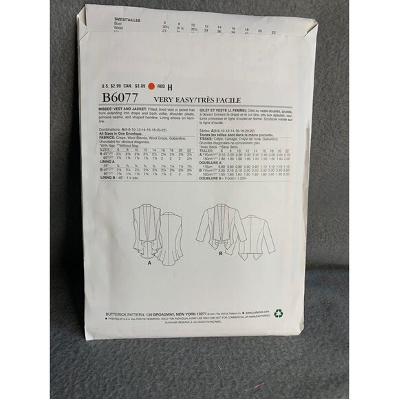 Butterick Misses Jacket Vest Sewing Pattern Sz 6-22 B6077 - Uncut - Picture 3 of 4